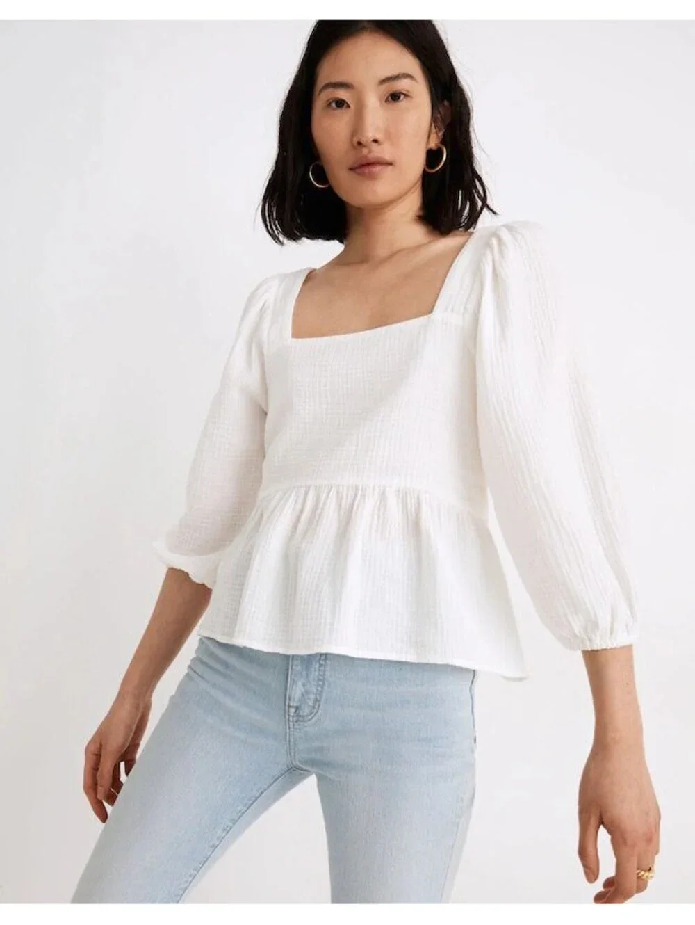 Madewell Lightspun Millbrook Puff-Sleeve Peplum Top Women's Size XS Minimal Boho